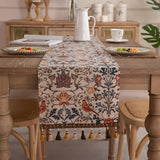 Chemin de table jacquard fleuri et oiseau vintage