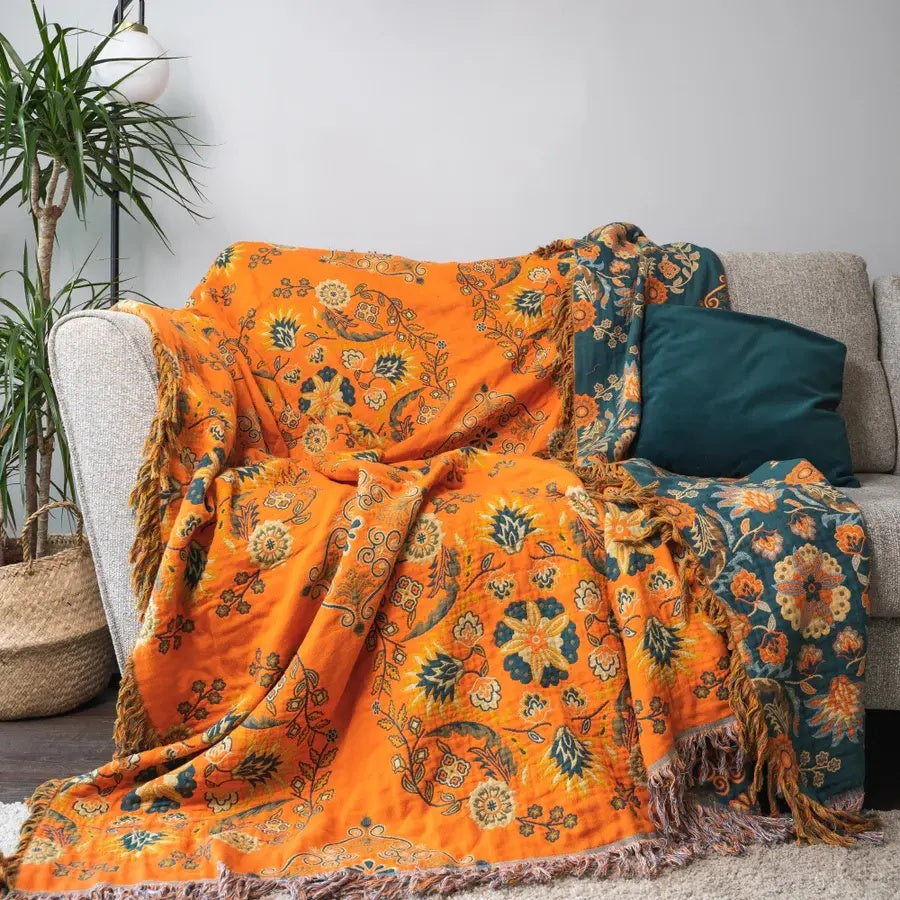 Couverture bohème florale rustique | Couverture florale 100 % coton