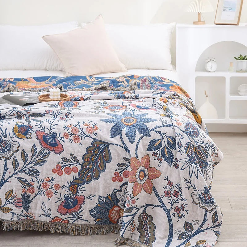 Couverture bohème florale rustique | Couverture florale 100 % coton